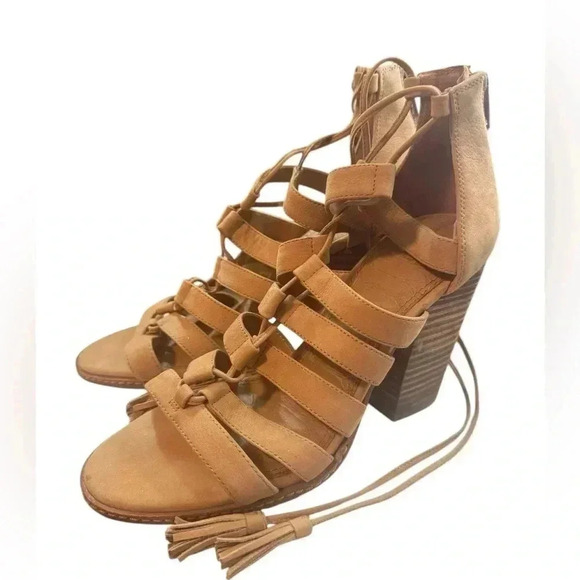 Gianni Bini | Tan Tassel Ankle Lace Up Heeled Sandals (8) - Picture 1 of 10